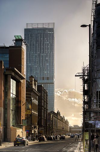 The sun goes down over the Manchester city skyline 