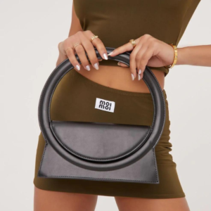 Eloise Round Handle Rectangular Grab Bag in Black Faux Leather